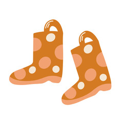 Cute pair of orange rain boots with white polka dots, perfect for fall illustrations, children's graphics, rainy day themes, and cozy seasonal decor.