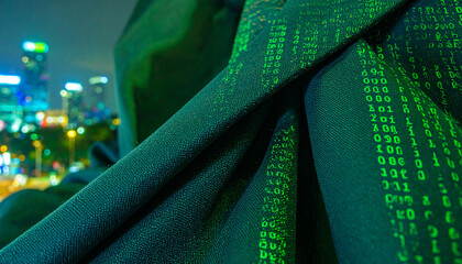 Digital Code in Metropolis: Close-up of digital code cascading across draped fabric against a modern city skyline, illustrating technology integration