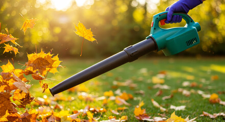 An automatic machine for harvesting fallen leaves with the help of air in the hands of a farmer on the background of a garden. The concept of harvesting fallen leaves during the seasonal period