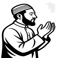Black and White Vector of Muslim Man Praying with Raised Hands