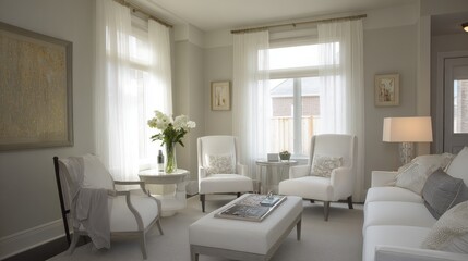 Fototapeta premium Sleek modern interior with neutral furnishings under ambient glow, perfect for decor catalogs or architectural visualization. Emphasizes serene and sophisticated urban living concepts.