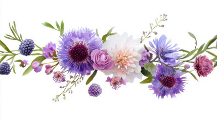 Watercolor botanical illustration featuring vibrant flowers shades of purple, pink, and white, evoking sense of beauty