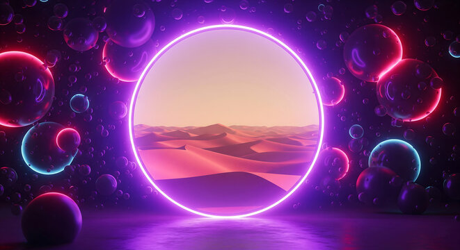 Surreal and futuristic desert landscape viewed through a large, glowing neon circle