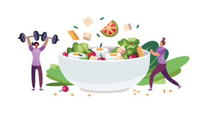 Woman lifting weights beside a large salad bowl with another woman exercising nearby on white background