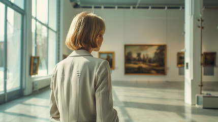 An elderly woman looks at paintings in a fine arts museum. Exhibition, hobby, entertainment, culture
