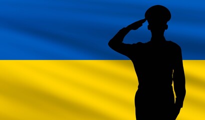 Silhouette of a saluting soldier against a waving Ukraine flag. Patriotic and solemn scene in a...