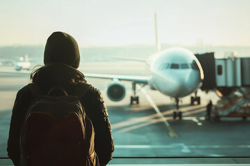 lone traveler with a backpack gazing out of an airport window at a plane parked at the gate