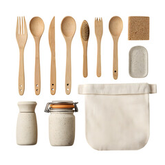 Zero-waste starter kit flat lay, isolated on a white background --v 7.0