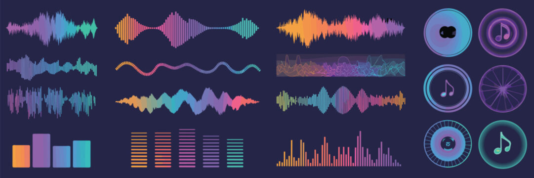 Colorful audio wave forms and music note icons on dark background sound waveform