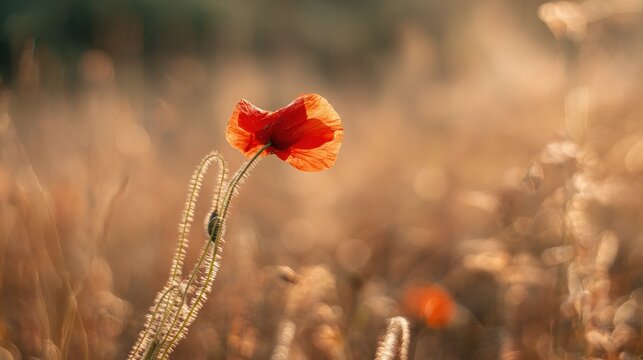 Single poppy standing against fading light. Perfect for mindfulness resources, memorial websites, or artistic expressions about ephemeral beauty.