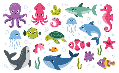 Cute cartoon sea creatures and marine life collection octopus squid