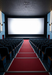 Fototapeta premium Empty cinema auditorium with red carpet and blank screen