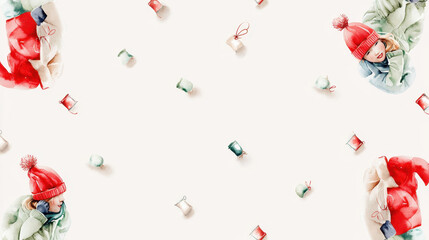 Watercolor Christmas carolers in festive attire, surrounded by colorful gifts, evoke joyful holiday spirit