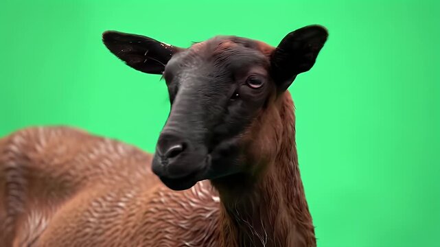 Portrait of a Brown and Black Goat Against a Bright Green Screen Background, Ideal for Compositing