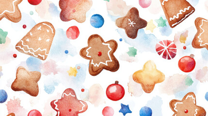Watercolor gingerbread cookies and festive decorations create cheerful holiday atmosphere