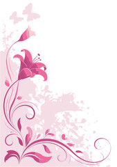 Pink floral corner design with butterflies and splatters on white background vector