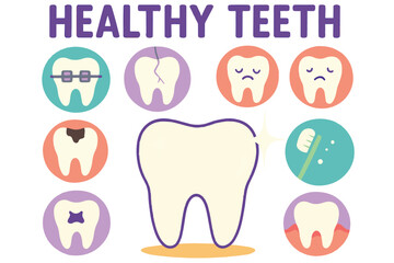 colorful illustration of healthy teeth with dental problems like cavities, cracks, and brushing habits dental care graphics