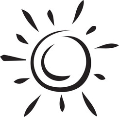 Stylized Black and White Sun Illustration with Radiant Rays Circling a Central Disk, Evoking Simplicity and Summertime Warmth