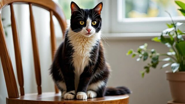 Charming Domestic Feline Black and White Cat Sitting Gracefully on Chair Indoors, Surrounded by Green Plants and Soft Natural Light at Home.
