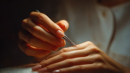 Skilled Hand in Focus: A close-up shot of an expert hand, meticulously using fine-tipped tweezers to perform a delicate task, highlighting precision, care, and the art of detail.
