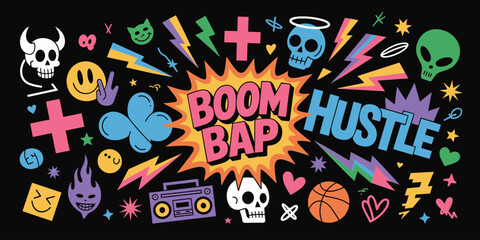 Vibrant Boom Bap Hustle Graffiti Art with Skulls Smiley Faces and Lightning Bolts illustration