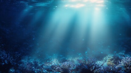 Naklejka premium Beautiful Blue Ocean Background with Sunlight and Undersea Scene – Sunbeams Penetrating Turquoise Waters, Revealing Vibrant Marine Life Below