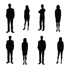 Vector silhouettes of men and a women, a group of standing business people, black color isolated