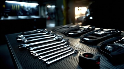 Automotive tools meticulously arranged, showcasing precision and craftsmanship in a workshop.