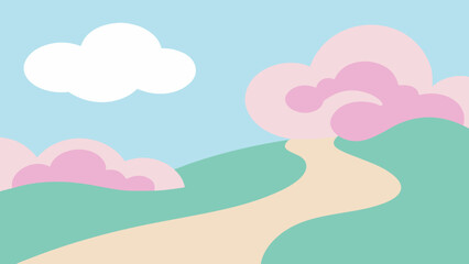 Fototapeta premium Sky-high clouds float above a vibrant green summer landscape with a sandy beach and a calm blue ocean