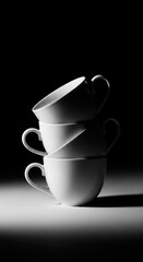 Stack of white ceramic teacups with dramatic lighting on a dark background