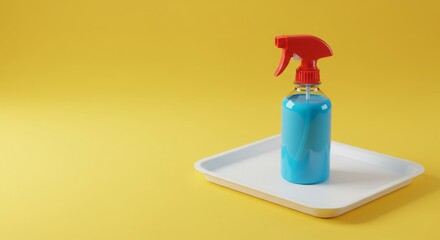 Blue Spray Bottle with Red Nozzle on White Tray Against Yellow Background