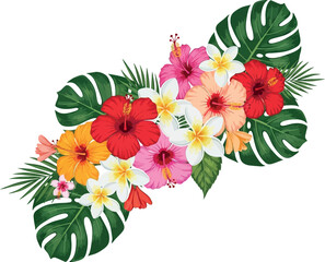 Exotic floral composition asset featuring colorful hibiscus, plumeria flowers, and lush tropical monstera and palm leaves.