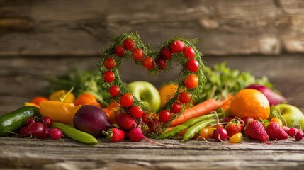 Rustic produce heart on wooden surface, perfect for farmers market signage, cooking class materials, eco-friendly packaging, and seasonal promotions