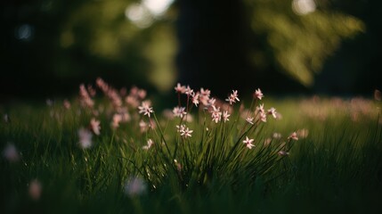 Fototapeta premium Sunlit wildflower field at dawn, ideal for book illustrations, herbal product labels, yoga retreat marketing, and nature documentary openings