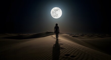 Solitary figure silhouetted against a massive moon in a desert landscape at night.