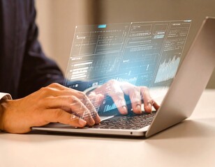 Businessman analyzing complex data on a futuristic holographic interface, showcasing the future of business intelligence.