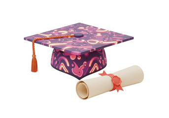 Photo of a patterned graduation cap and diploma isolated on transparent background, representing the culmination of studies and the attainment of a degree