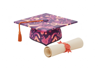 Photo of a patterned graduation cap and diploma isolated on transparent background, representing the culmination of studies and the attainment of a degree