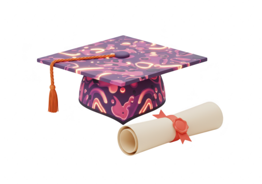 Photo of a patterned graduation cap and diploma isolated on transparent background, representing the culmination of studies and the attainment of a degree - Powered by Adobe