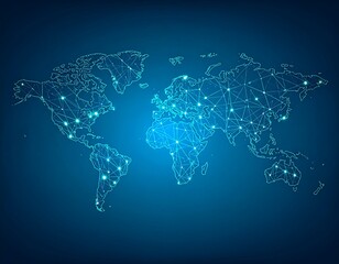 Abstract world map with a glowing plexus network. Global communication, technology, and data exchange concept on a digital background.