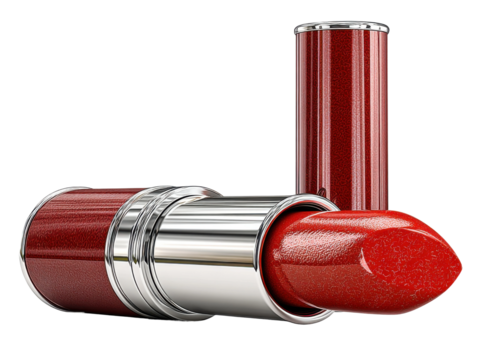 Applying bold red lipstick makeup tutorial beauty studio close-up. Isolated on transparent background, png.