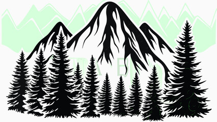 A scenic view of mountains and evergreen trees in a forest landscape silhouette illustration