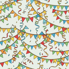 Obraz premium Festive vector background with celebration garlands and ribbons. A cheerful holiday or birthday party seamless pattern illustration.