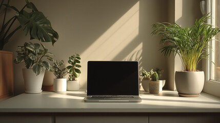 A clean and professional visual presentation modern home office in a spacious living room: stylish workspace blended with lush green plants, featuring a computer desk, entertainment center, and.