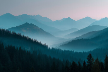Fototapeta premium A serene view of a misty mountain range at dawn, with rolling hills and forest layers creating a blue scenic vista.
