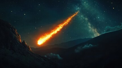 Fototapeta premium Fiery Comet Streaking Across Night Sky Over Majestic Mountains
