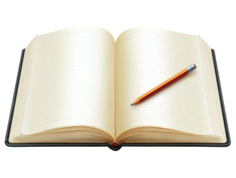 Writing in an open book with pencil desk office close-up view. Isolated on transparent background, png.