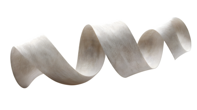 A close up of a spiraling white textured ribbon against a stark black background in a studio setting