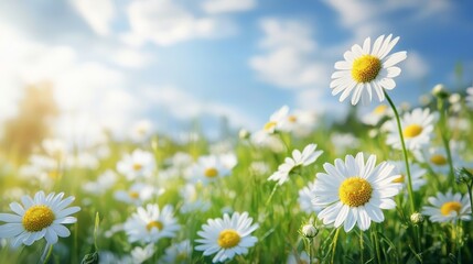 Spring camomile flower meadow at day. Nature landscape composition.