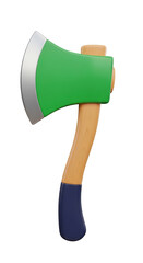 Green axe with wooden handle and blue grip